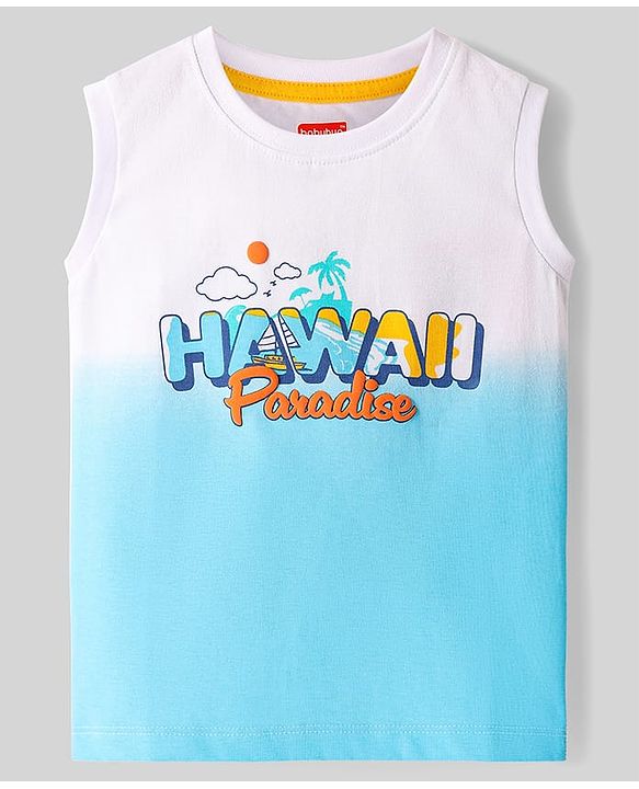 Babyhug Cotton Knit Sleeveless Tank T-Shirt With Hawaii Text Print - Light Blue & White