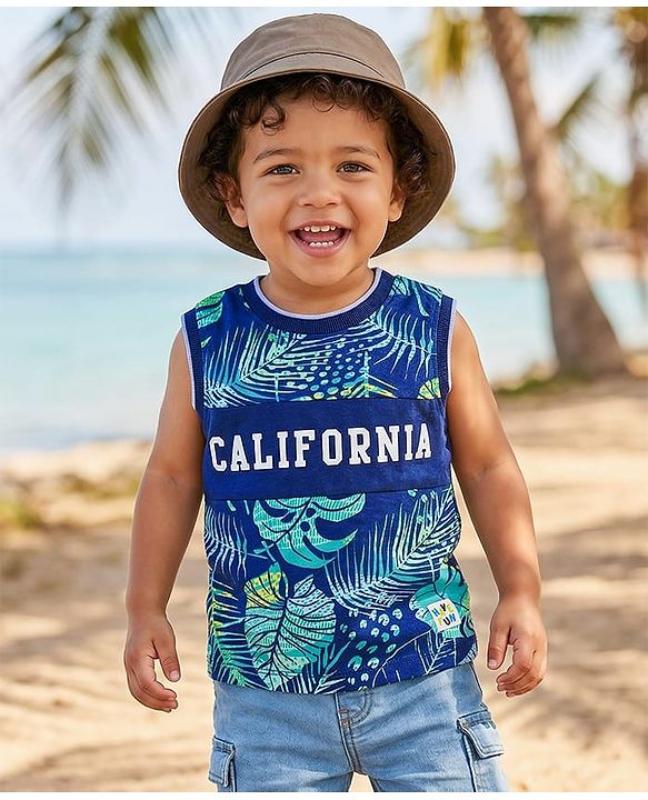Babyhug Cotton Knit Sleeveless Tank T-Shirt With Tropical & California Text Print - Navy Blue