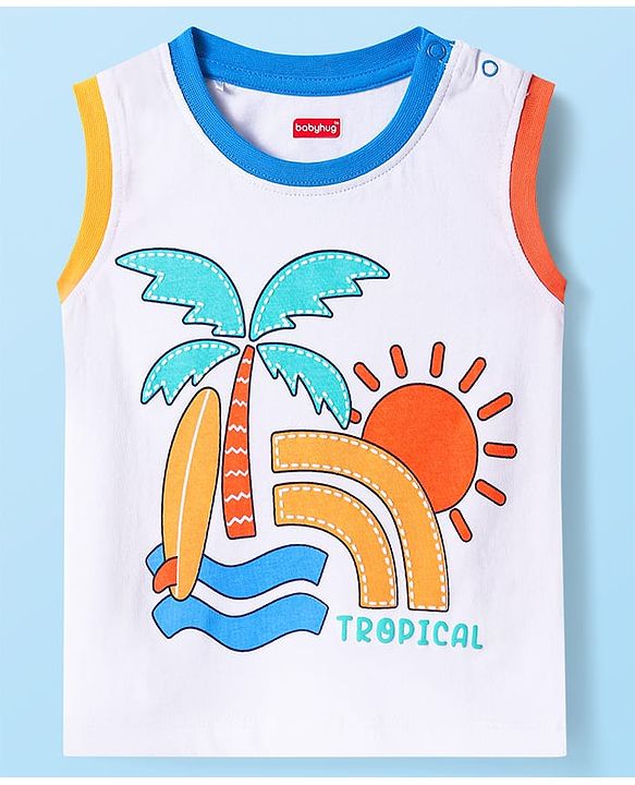 Babyhug Cotton Knit Sleeveless Tank T-Shirt with Beach Theme Print - White