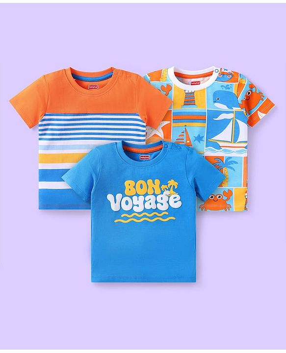Babyhug Cotton Knit Half Sleeves T-Shirts with Beach Theme Text Prints & Stripes Pack of 3 - Blue & Orange