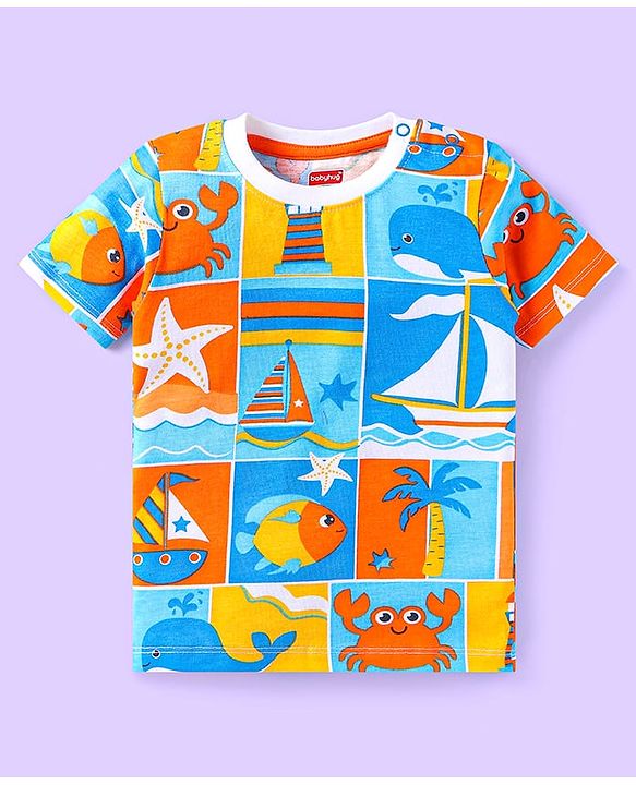 Babyhug Cotton Knit Half Sleeves T-Shirts with Beach Theme Text Prints & Stripes Pack of 3 - Blue & Orange