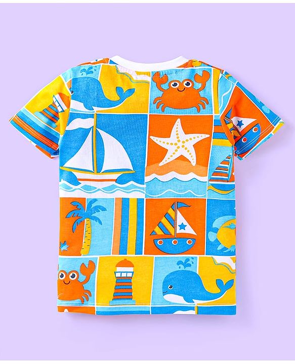Babyhug Cotton Knit Half Sleeves T-Shirts with Beach Theme Text Prints & Stripes Pack of 3 - Blue & Orange
