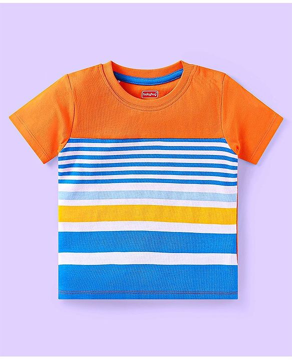 Babyhug Cotton Knit Half Sleeves T-Shirts with Beach Theme Text Prints & Stripes Pack of 3 - Blue & Orange