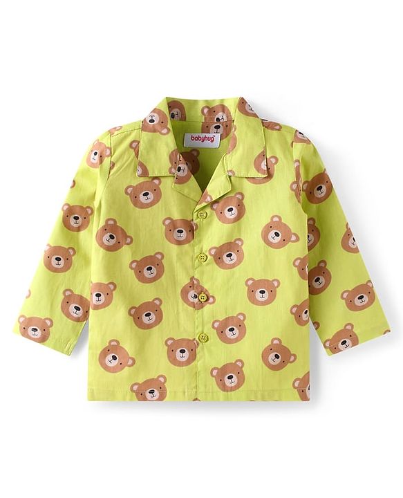 Babyhug Cotton Knit Full Sleeves Night Suit with Animal Print - Light Green