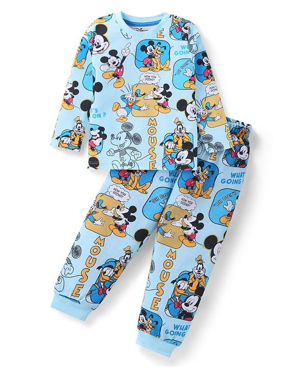 Babyhug Disney Single Jersey Knit Full Sleeves Night Suit with Mickey Mouse & Friends Graphics - Light Blue