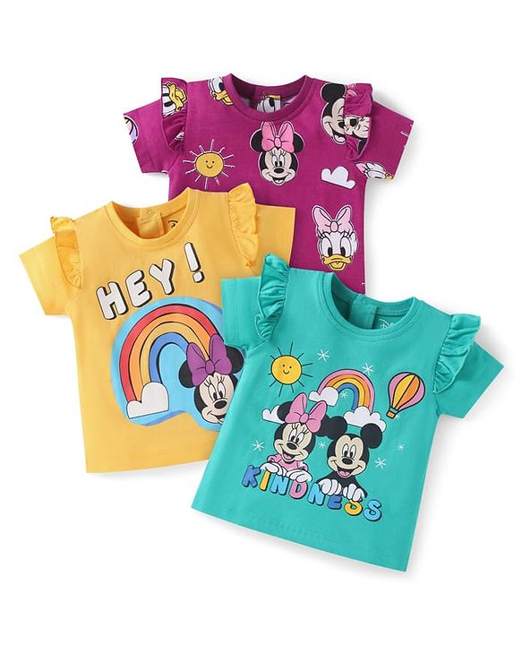 Babyhug Disney Single Jersey Knit  Half Sleeves Tops With Minnie & Friends Graphic & Frill Detailing Pack Of 3 - Yellow Purple