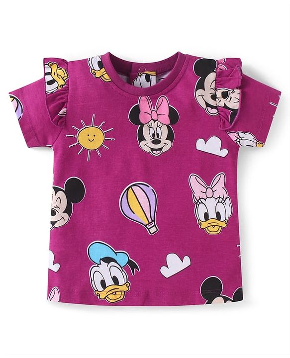 Babyhug Disney Single Jersey Knit  Half Sleeves Tops With Minnie & Friends Graphic & Frill Detailing Pack Of 3 - Yellow Purple