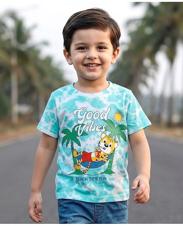 Babyhug Cotton Knit Half Sleeves T-Shirt With Animal & Tie & Dye Print - Light Blue