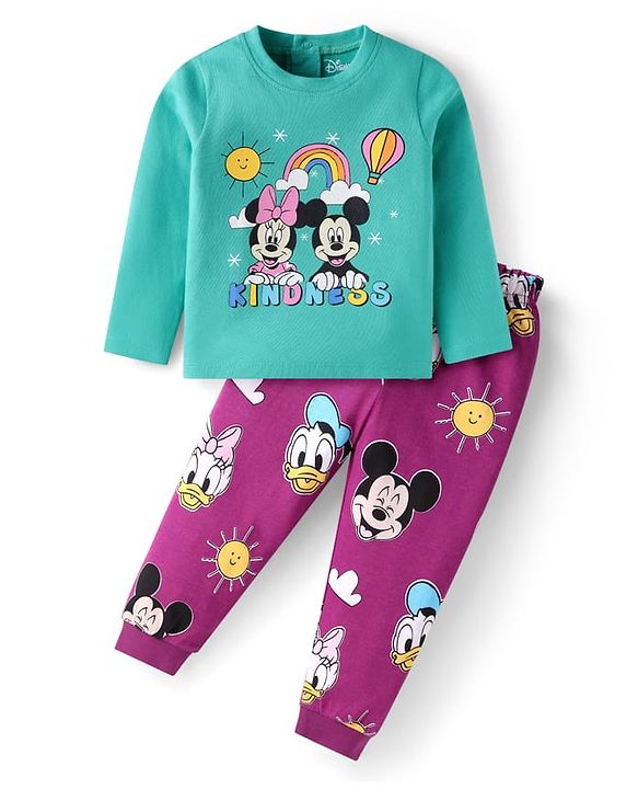 Babyhug Disney Single Jersey Knit Full Sleeves Night Suit With Minnie & Mickey Graphics - Multicolor