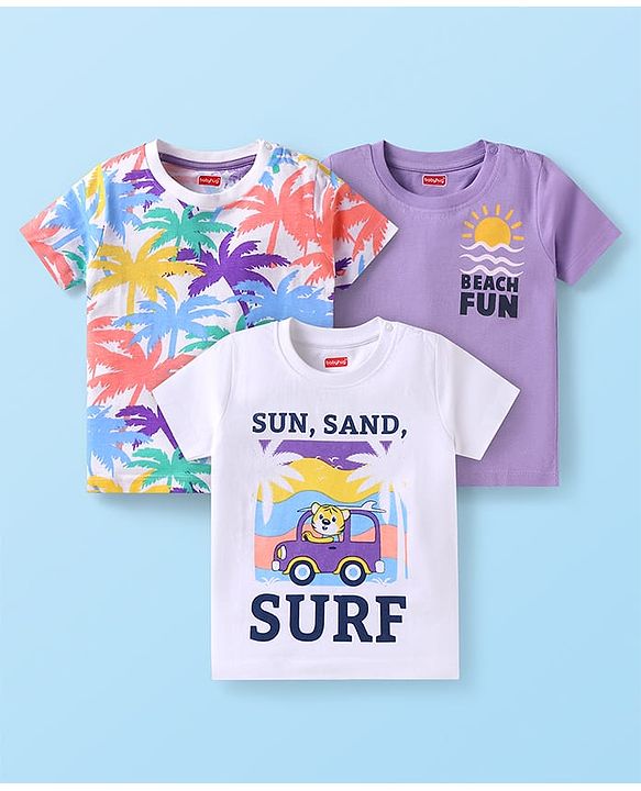 Babyhug Cotton Knit Half Sleeves T-Shirts with Beach Theme Print Pack of 3 - White & Purple