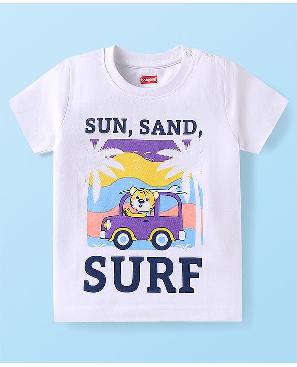 Babyhug Cotton Knit Half Sleeves T-Shirts with Beach Theme Print Pack of 3 - White & Purple