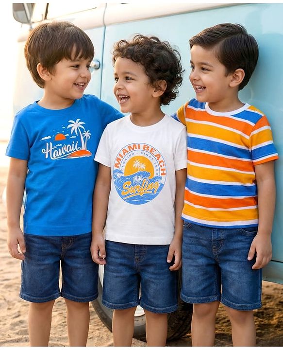 Babyhug Cotton Knit Half Sleeves T-Shirts with Beach Theme Print & Stripes Pack of 3 - Multicolor