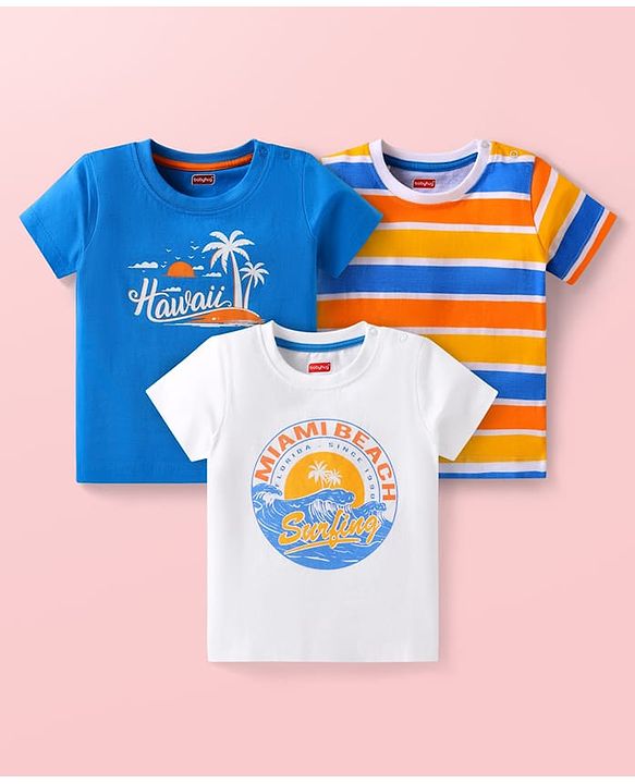Babyhug Cotton Knit Half Sleeves T-Shirts with Beach Theme Print & Stripes Pack of 3 - Multicolor