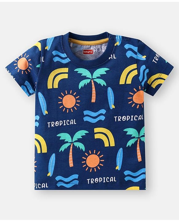 Babyhug Cotton Knit Half Sleeves T-Shirts with Beach Theme Print & Stripes Pack of 3 - Multicolor