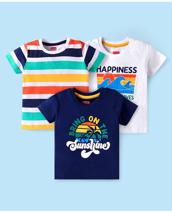 Babyhug Cotton Knit Half Sleeves Striped & Beach Theme Printed T-Shirts Pack of 3 - Navy Blue & White