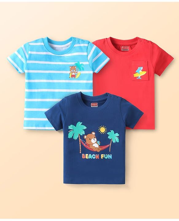 Babyhug Cotton Knit Half Sleeves T-Shirts With Stripes & Bear & Beach Fun Text Print Pack Of 3 - Light Blue Navy Blue & Red