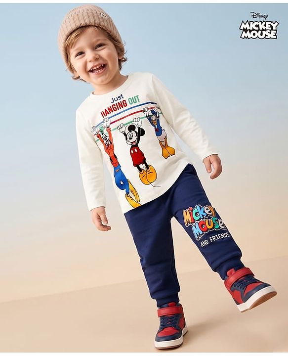Babyhug Disney Single Jersey Knit Full Sleeves T-Shirt & Track Pant Set with Mickey Mouse Graphics - White & Navy Blue