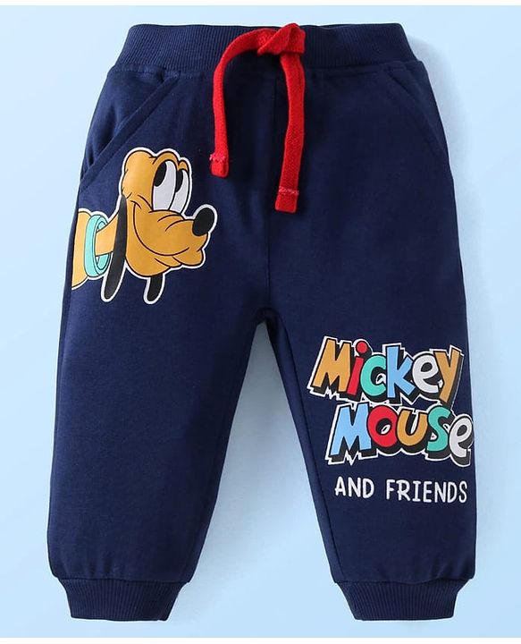 Babyhug Disney Single Jersey Knit Full Sleeves T-Shirt & Track Pant Set with Mickey Mouse Graphics - White & Navy Blue