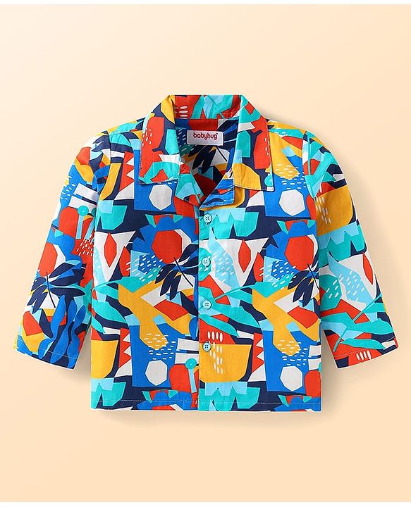 Babyhug Cotton Woven Full Sleeves Night Suit With Abstract Print - Blue & Red