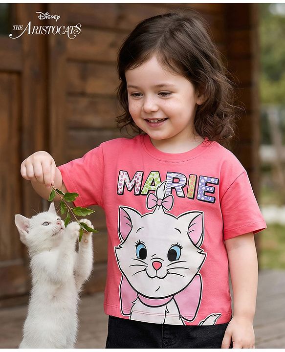 Babyhug Disney Single Jersey Knit Half Drop Shoulder Sleeves T-Shirts with Marie Graphic - Pink