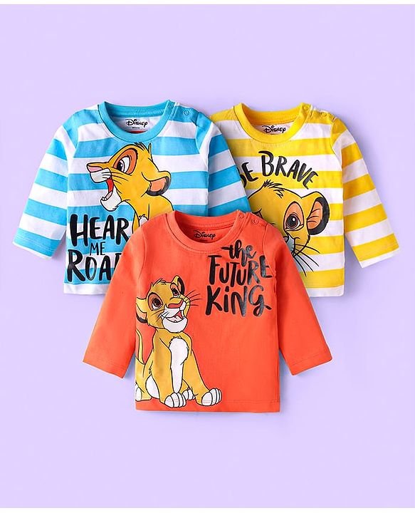 Babyhug Disney Single Jersey  Knit Full Sleeves T-Shirts with Simba Graphics & Stripes Pack of 3 - Dark Orange & White
