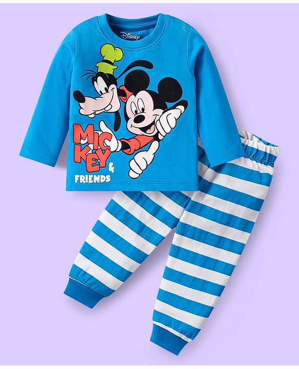 Babyhug Disney Single Jersey Knit Full Sleeves Night Suit Set With Mickey & Friends Graphic & Stripes - Blue