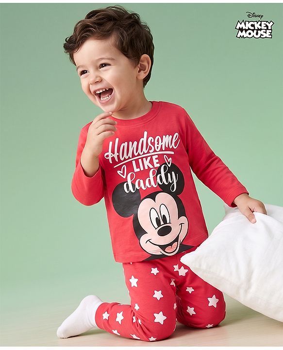 Babyhug Disney Single Jersey Knit Full Sleeves Night Suit Set With Mickey Mouse Graphic - Red
