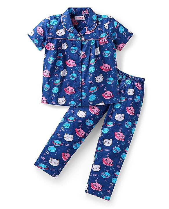 Babyhug Cotton Woven Half Sleeves Night Suit with Kitty Print - Navy Blue