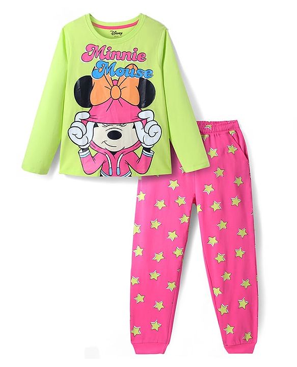 Pine Kids Disney Single Jersey Knit Full Sleeves Night Suit With Minnie Mouse Graphic -  Green & Pink