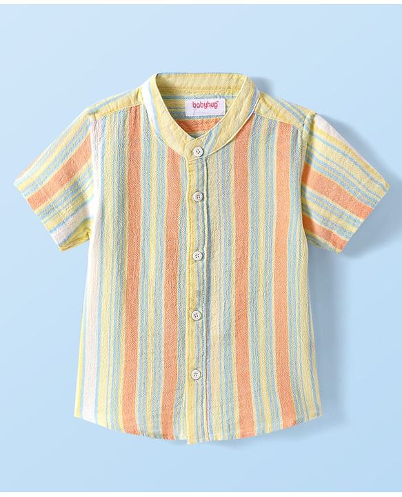 Babyhug Cotton Knit Half Sleeves Mandarin Collar Stripe Shirt - Yellow