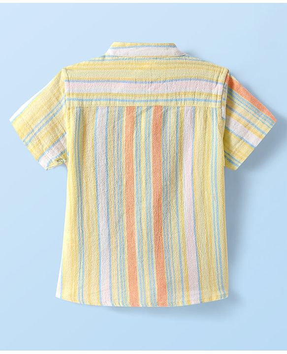 Babyhug Cotton Knit Half Sleeves Mandarin Collar Stripe Shirt - Yellow