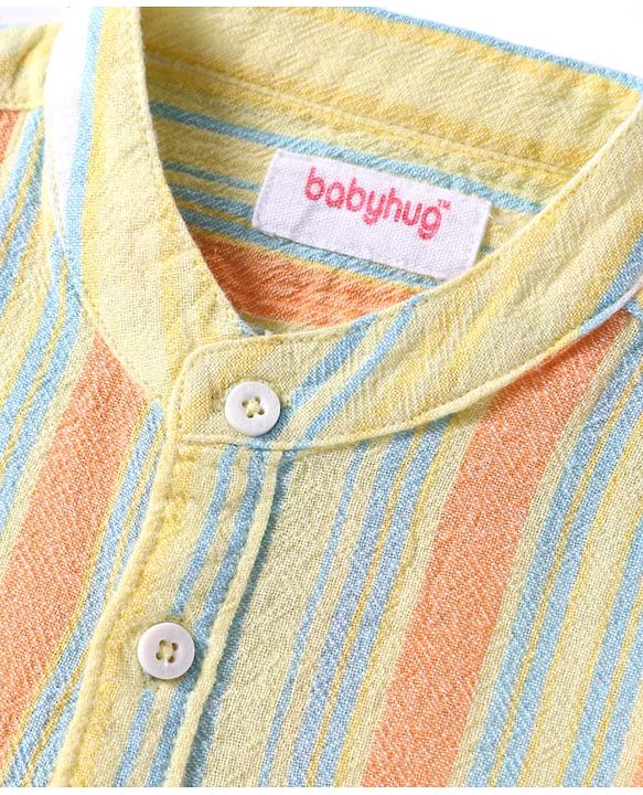 Babyhug Cotton Knit Half Sleeves Mandarin Collar Stripe Shirt - Yellow