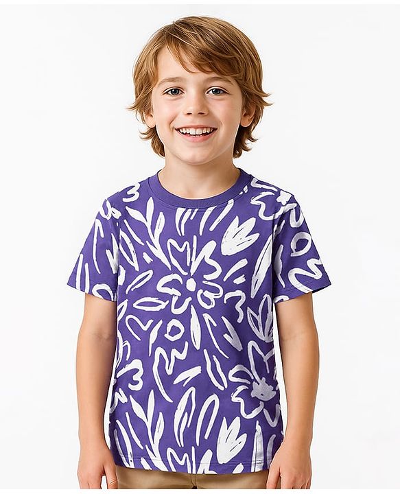 Pine Kids Cotton Knit Half Sleeves T-Shirt with Floral Print - Purple