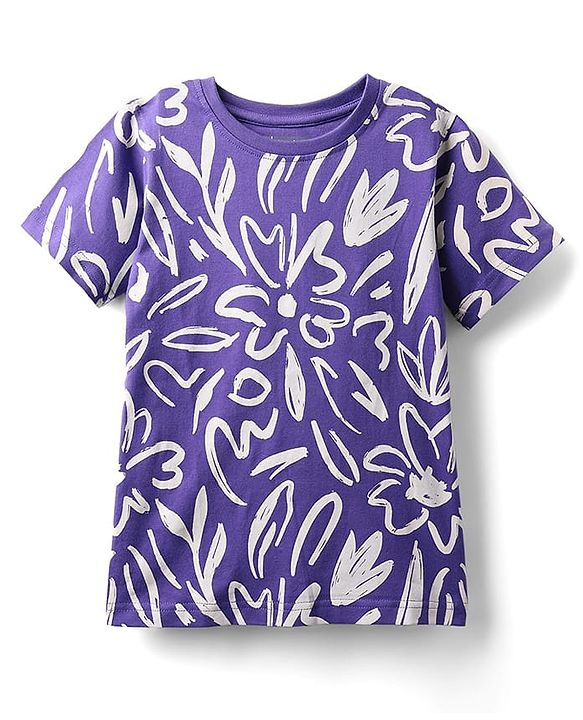 Pine Kids Cotton Knit Half Sleeves T-Shirt with Floral Print - Purple