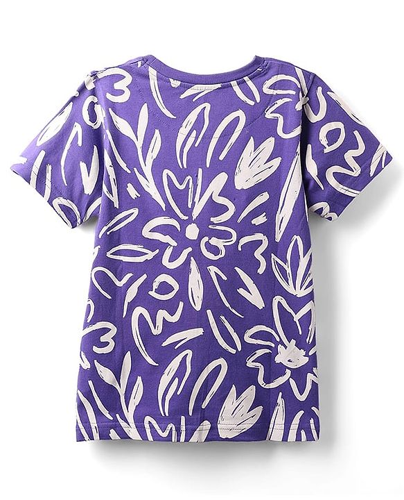 Pine Kids Cotton Knit Half Sleeves T-Shirt with Floral Print - Purple