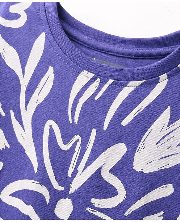 Pine Kids Cotton Knit Half Sleeves T-Shirt with Floral Print - Purple