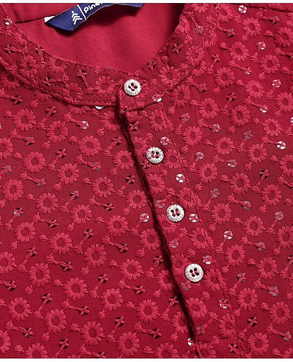 Pine Kids Woven Full Sleeves Kurta Pyjama Set With Floral & Sequin Embroidery - Maroon