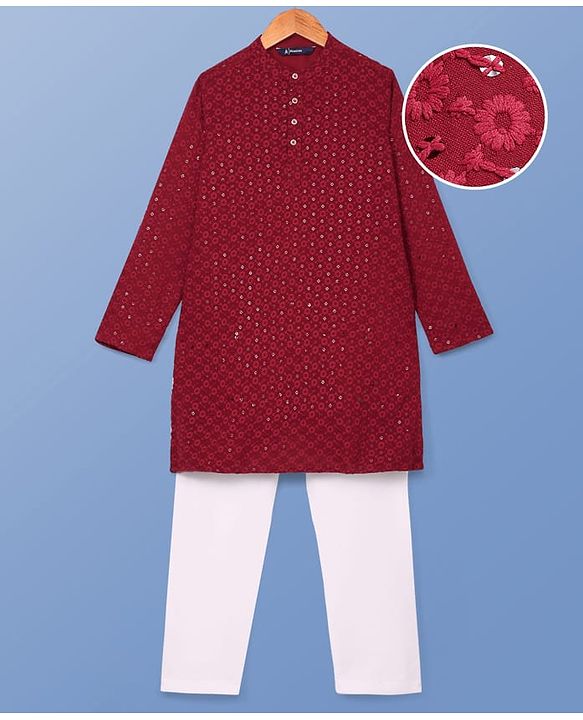 Pine Kids Woven Full Sleeves Kurta Pyjama Set With Floral & Sequin Embroidery - Maroon