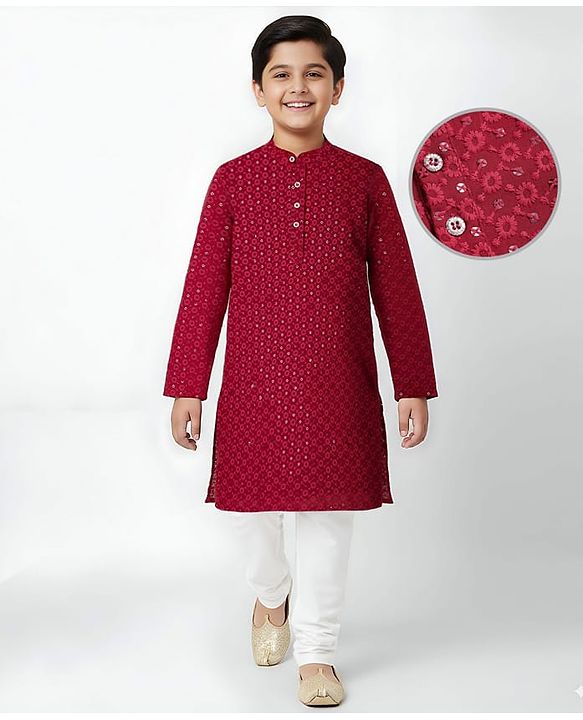Pine Kids Woven Full Sleeves Kurta Pyjama Set With Floral & Sequin Embroidery - Maroon