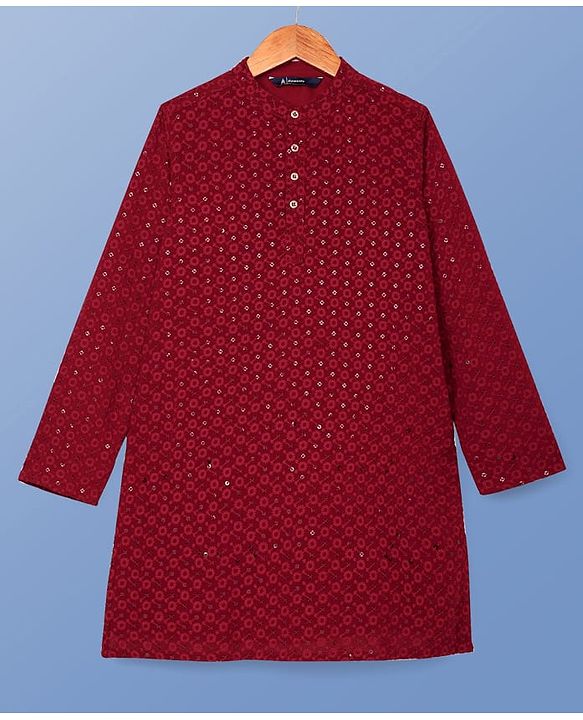 Pine Kids Woven Full Sleeves Kurta Pyjama Set With Floral & Sequin Embroidery - Maroon