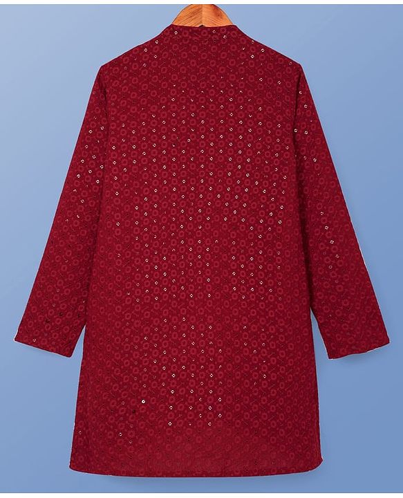 Pine Kids Woven Full Sleeves Kurta Pyjama Set With Floral & Sequin Embroidery - Maroon