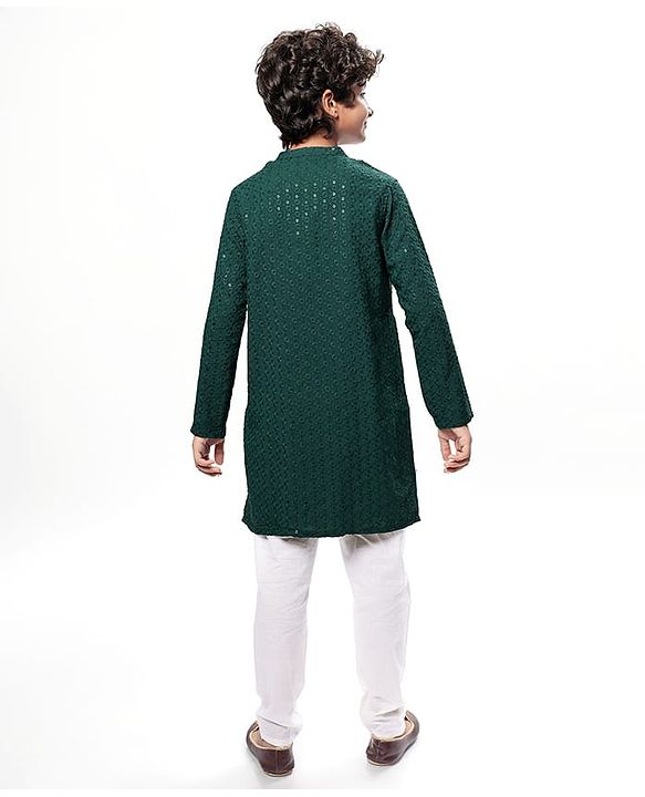 Pine Kids Woven Full Sleeves Kurta Pyjama Set With Sequin Detailing - Dark Green