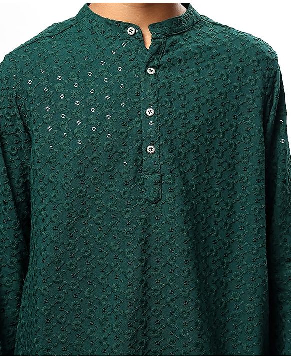 Pine Kids Woven Full Sleeves Kurta Pyjama Set With Sequin Detailing - Dark Green