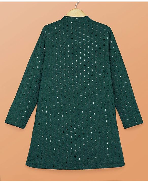 Pine Kids Woven Full Sleeves Kurta Pyjama Set With Sequin Detailing - Dark Green