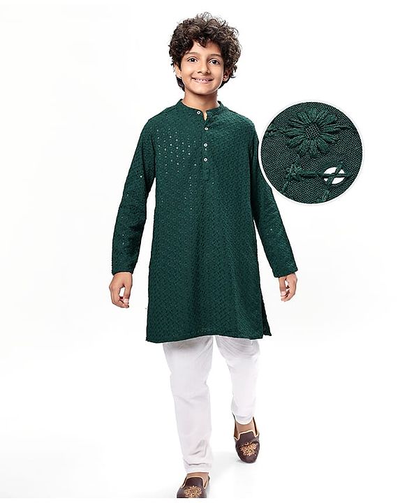 Pine Kids Woven Full Sleeves Kurta Pyjama Set With Sequin Detailing - Dark Green