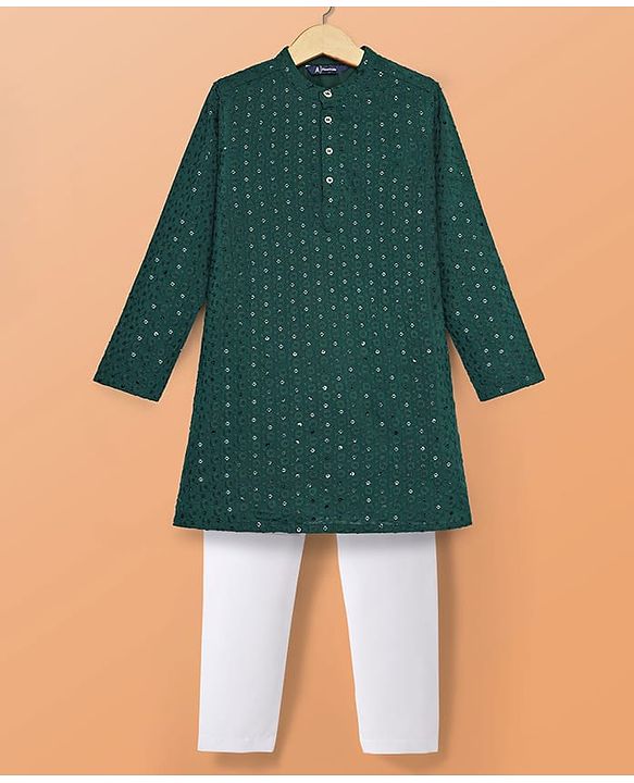 Pine Kids Woven Full Sleeves Kurta Pyjama Set With Sequin Detailing - Dark Green