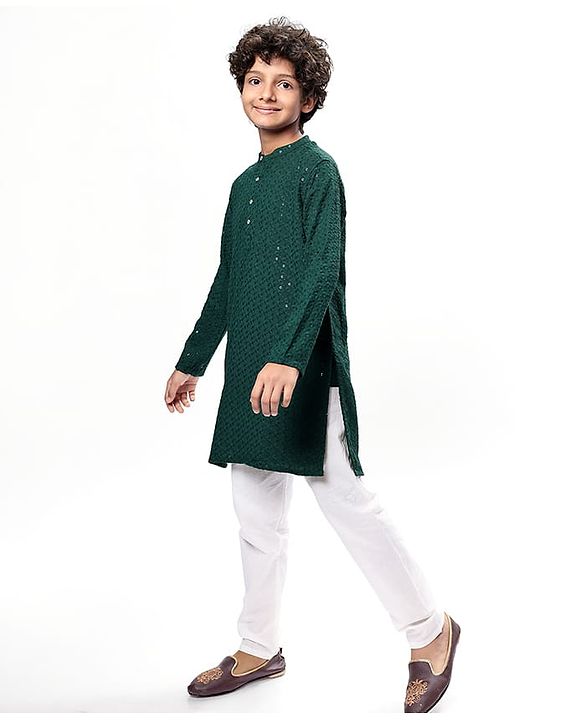 Pine Kids Woven Full Sleeves Kurta Pyjama Set With Sequin Detailing - Dark Green