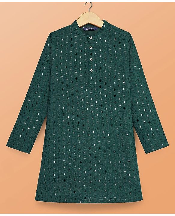 Pine Kids Woven Full Sleeves Kurta Pyjama Set With Sequin Detailing - Dark Green