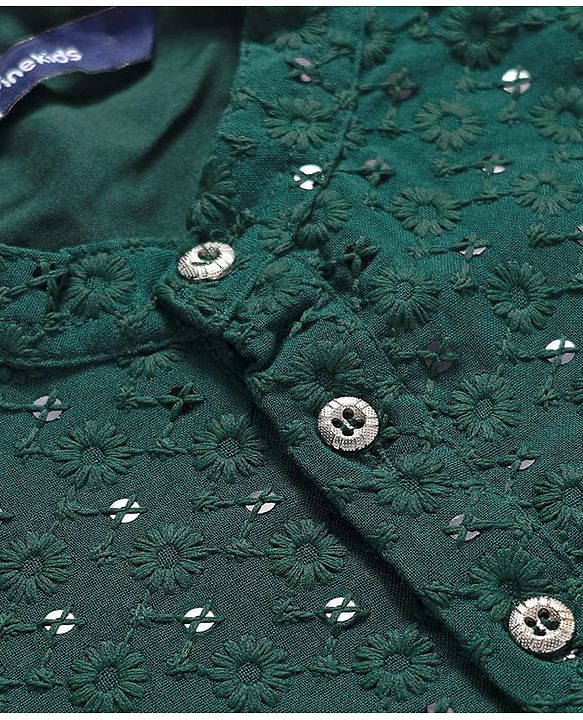 Pine Kids Woven Full Sleeves Kurta Pyjama Set With Sequin Detailing - Dark Green