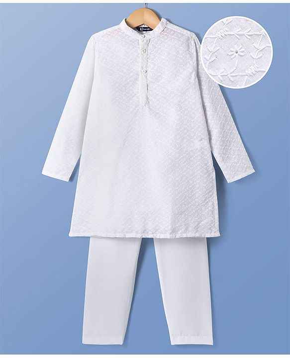 Pine Kids Cotton Woven Full Sleeves Kurta Pyjama Set with Floral Chikankari Work - White